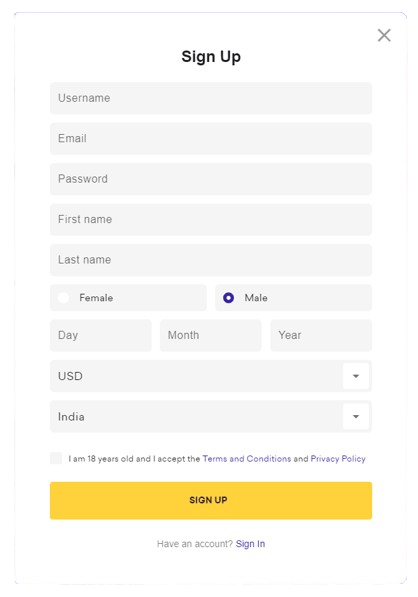 Registration page of spinbit casino India